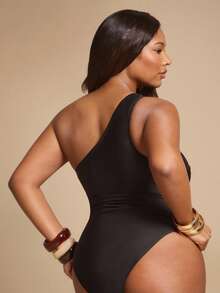 SHEIN BAE Plus Size Women Summer Beach Vacation Solid Color Splice Mesh One-Piece Swimsuit - Black - View 2