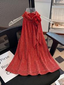 SHEIN Franclia 女士休闲荷叶边花卉装饰吊带衫，日常百搭 - 紅色 - 查看 1