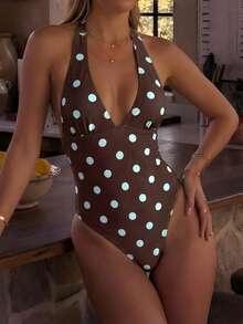 Swim Mod Nuevo traje de baño de una pieza para mujer, con tirantes gruesos, estampado de lunares, sexy y con espalda descubierta, para vacaciones en la playa, Primavera/Verano 2026 - Marrón - Ver 1
