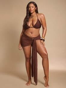 SHEIN BAE Plus Size Women's Solid Color Minimalist Casual Cover Up Summer Beach Vacation - Brown - View 4
