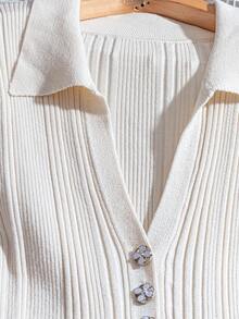Plus Size Elegant Fitted Button Collar Short Sleeve Sweater Dress - Apricot - View 4