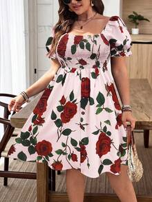 EMERY ROSE Plus Size Women's Square Neck Petal Sleeve Brown Red Rose Vacation Retro Peplum Decorated Button Front Dress - Multicolor - View 5
