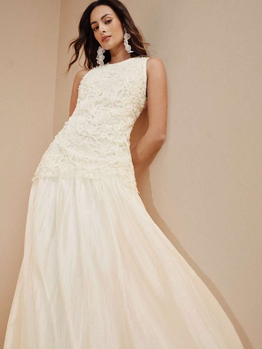 女士串珠刺绣圆领无袖拼接设计休闲长裙 - 杏色 - 查看 1