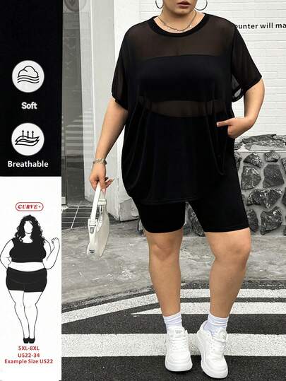 SHEIN CURVE+ 2pcs/Set Casual Cute Cartoon Bear Print Short Sleeve T-Shirt And Shorts, Plus Size Women Summer Outfit
