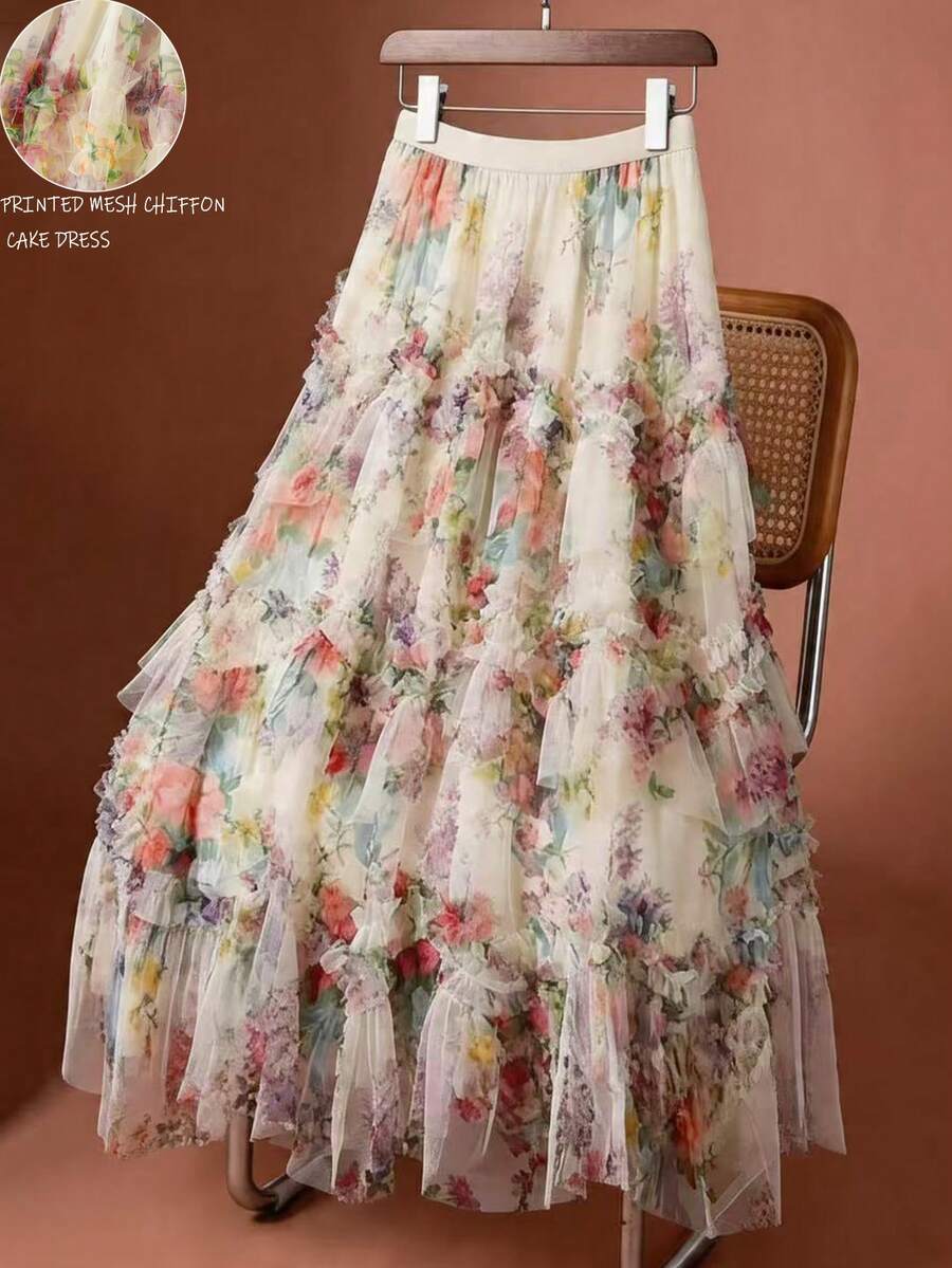 Elenzga 优雅花卉印花多层薄纱裙 - 彩色 - 查看 1