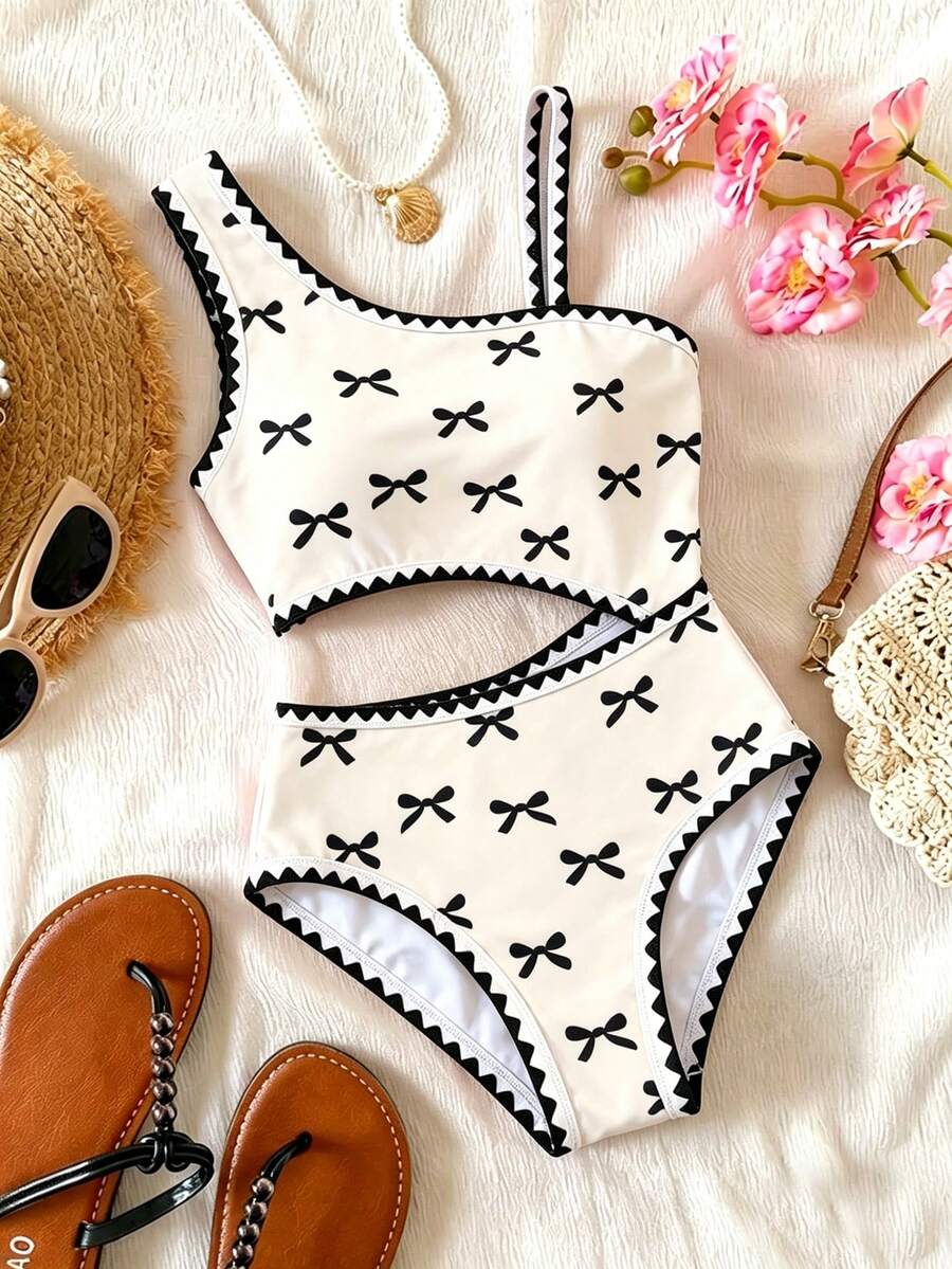 Tween Girls' Summer Sweet & Cool Design Beach Vacation Butterfly Print Asymmetrical Shoulder Hollow One-Piece Swimsuit - Black and White - View 1