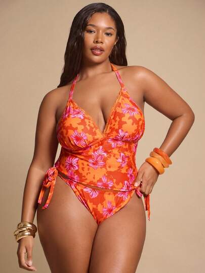 SHEIN BAE Plus Size Halter Colorblock Allover Print Summer Tankini Swimsuit Set