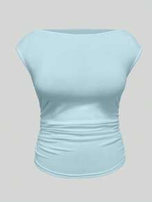 EMERY ROSE Plus Size 3 Pack Solid Boat Neck Cap Sleeve Side Ruched Slim Fit Curved Hem Cropped Basic T-Shirt Women Summer Casual Tee Multipack Set - Multicolor - View 4