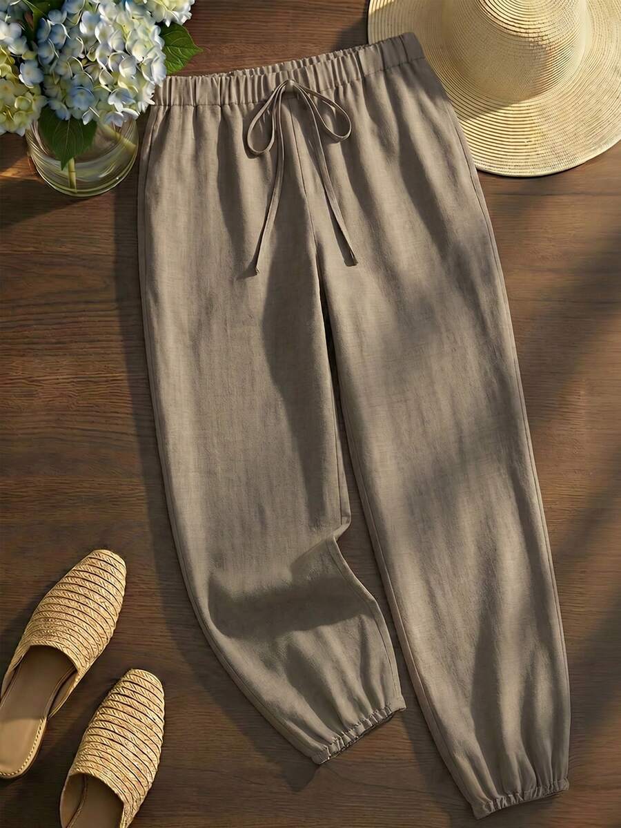 Franclia Women's French Style Casual Vacation Loose Elastic Waist Lightweight Slim Leg Pants, Spring/Summer - Khaki - View 1