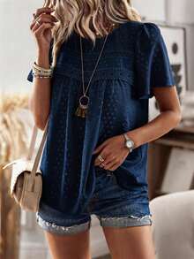 SHEIN LUNE Summer Casual Solid Color Textured Short Sleeve Shirt - Navy Blue - View 6