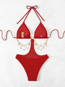 SHEIN Swim 1 件女士纯色性感连体泳衣，特殊面料夏季 - 紅色 - 查看 2