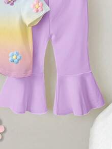 1 Set Baby Girls' Casual Cute Colorful Floral Ombre Print Round Neck Short Sleeve T-Shirt And Purple Bell-Bottom Pants Outfit - Multicolor - View 3