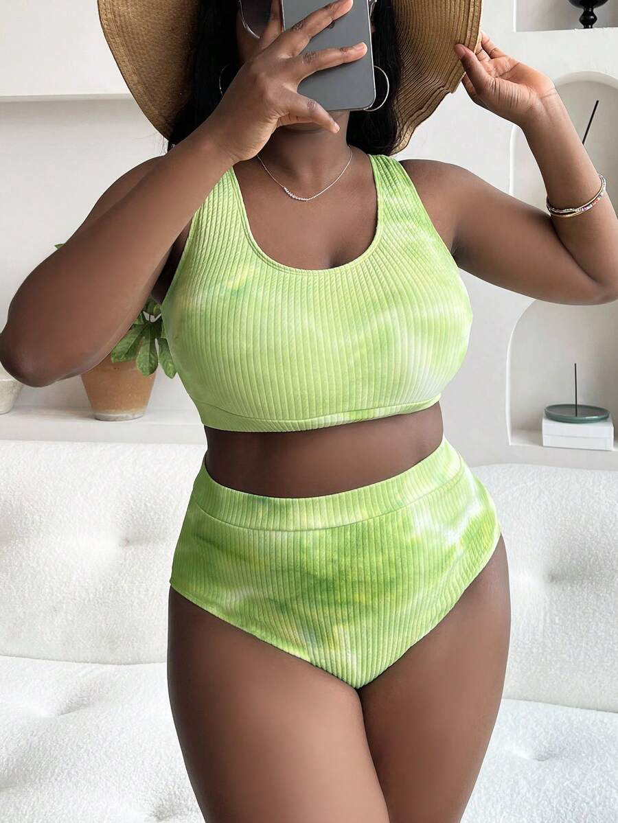 Slaydiva Plus Size Women 2pcs Set Tie-Dye Printed Bikini Swimsuit, Fashionable Casual Holiday - Green - View 1