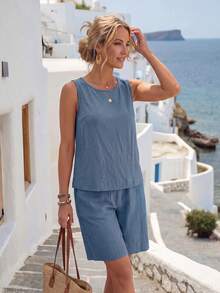 Faunlyn Setelan Kasual 2 Potong Wanita: Atasan Tank Top Leher Bulat Warna Polos dan Celana Pendek Saku Samping - Dusty Blue - View 4