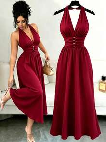 GlowEve Đầm dài ngang gối cổ chữ V tay ngắn chéo, chất liệu vải bóng, thanh lịch, trẻ trung, đa năng, ôm sát, phù hợp cho nữ, thích hợp mặc đi làm hàng ngày. - Màu Đỏ Sâu - Xem 5