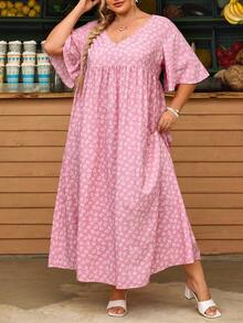 SHEIN CURVE+ Vestido casual de mujer talla grande con estampado floral diminuto, vestido de mujer rosa y colorido, vestido holgado tipo babydoll, para verano - Rosa - Ver 3
