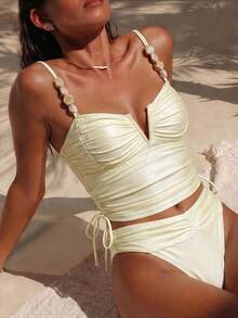 Swim Chiccia Elegant Stone Fabric Smooth Material Pleated Long Tankini Top And Pleated Triangle Bottoms 2 Pieces Swimsuit - Beige - View 1