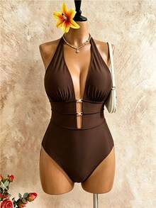 Swim Vcay Áo tắm liền thân cỡ lớn, màu trơn, kiểu cổ yếm khoét rỗng, thuộc dòng sản phẩm nghỉ dưỡng. - màu nâu - Xem 4