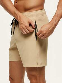 Manfinity KASUA Pantalones cortos casuales de playa para hombre de talla grande, unicolor, con bolsillos inclinados y cintura con cordón, para vacaciones - Caqui - Ver 5