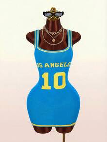 Bumpella Contrast Color Number Graphic Mini Bodycon Dress, Crew Neck, Streetwear Style - Blue - View 12