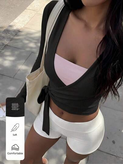 FavEase Pink Yoga Fitness Sports Stretchy Soft Open Front Tie-Up V-Neck Wrap Long Sleeve Cropped Tight Tee, Fashionable Minimalist Casual Elegant Wardrobe Essential Design For Women, Spring/Autumn Fall Cloth For Women
