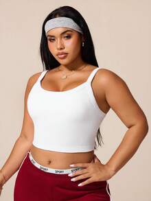 SHEIN Rhythm Era Plus Size White Curved Hem Sports T-Shirt Fitness Ribbed Shoulder Strap Top U-Neck Racerback Sports Tank Top - White - View 5