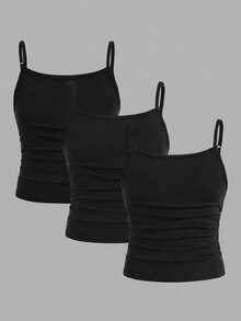 Girlism Kids 3pcs/Set Tween Girl/Tween Girls' Black Solid Color Knit Fitted Casual Camisole Tank Tops,Buy 1 Get 3 Free,Spring/Summer In Cami Pack Of - Black - View 3
