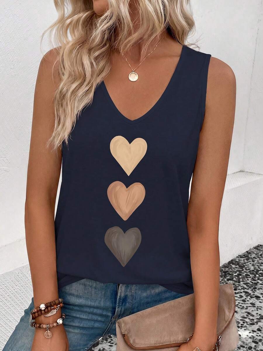 Selamara Nuevo top de tirantes casual y versátil con cuello en V y estampado de corazón degradado para mujer, primavera/verano - Azul Marino - Ver 1