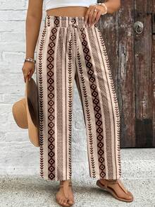 SHEIN VCAY Celana Panjang Kasual Boho Motif Geometris Ukuran Besar Warna Beige untuk Pantai dan Musim Gugur - MultiWarna - View 6