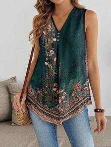 EMERY ROSE Plus Size Floral Print V-Neck Sleeveless Shirt, Suitable For Summer - Multicolor - View 4