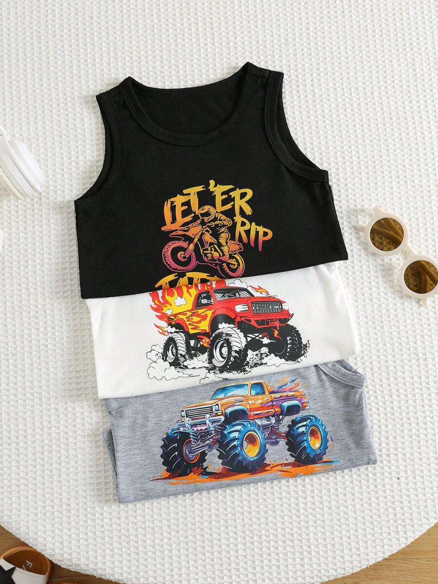 SHEIN 3pcs/Set Baby Boy Cute Summer Street Racer Car Cartoon Print Vest Set, Adorable Tops & Tanks Multipack - Multicolor - View 1