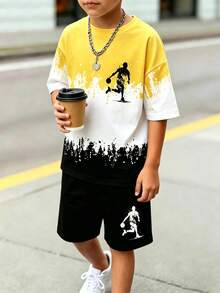 2件組青少年男孩漸層黃黑白跑步運動員圖案印花T恤與短褲套裝，夏季街頭風城市度假運動穿搭 - 彩色 - 查看 3