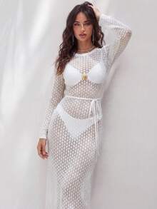 Glamine 性感优雅镂空针织长袖女式长款毛衣连衣裙 - 米色 - 查看 7
