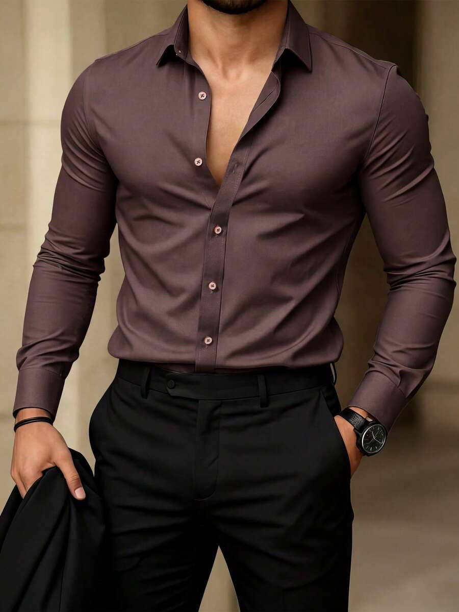 Manfinity Mode Men's Solid Color Minimalist Casual Long Sleeve Shirt - Coffee Brown - View 1