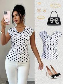 Selianne 女士优雅休闲度假波点印花垂褶领荷叶袖T恤，白色，春夏款 - 白色 - 查看 1