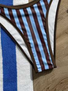 Swim Mod Hot Selling Striped Print Adjustable Strap Low-Cut Top + Striped Print Triangle Bottoms, Beach Vacation Casual Matching Swimsuit Set - Multicolor - View 6