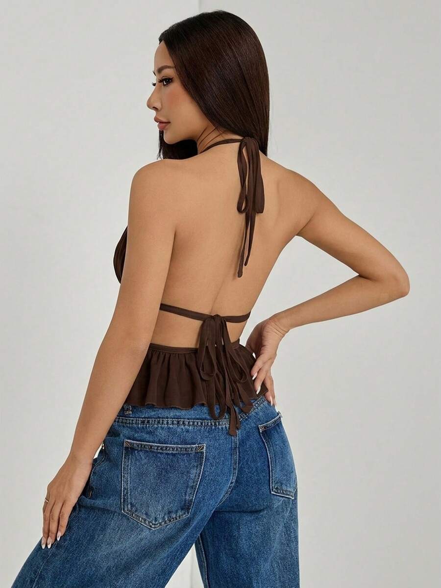 SHEIN PETITE Women's Pleated Halter Neckline Waist-Tied Backless Tank Top Coffee Brown Top