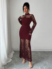 Elenzga New Elegant Sexy Lace Hollow Out Long Sleeve Dress, Waist Cinched Bodycon High-End Stretchy Mermaid Formal Gown Lace Paneled Dress Zanea Dress For Woman Bodycon Maxi Dress Elegant Dress Ladies Dresses - Burgundy - View 6