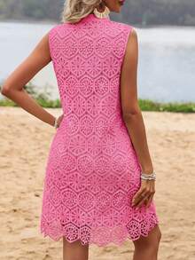 Breezaya Robe d'été à col en V en dentelle sans manches avec ourlet fendu pour vêtements de fête de vacances, tenues de plage pour femmes - Rose bonbon - Voir 2