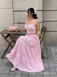 GalTyme Váy xếp tầng màu hồng nhạt dáng rộng dành cho nữ cỡ lớn - Màu Hồng baby - Xem 4
