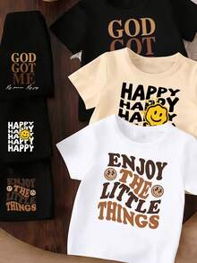 6pcs/Set Spring & Summer Young Boys Casual Fashionable Creative Personalized Minimalist Face Slogan Graphic Print Short T-Shirt And Shorts Sets,Daily - Multicolor - View 5