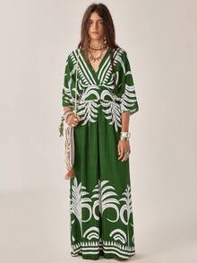 Florisole Robe décontracté, de soirée et de voyage à col V plissée pour femme - Vert - Voir 7