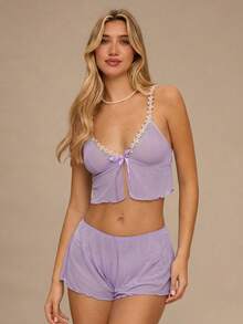 Enchnt 2pcs Floral Embroidery Decor Sheer Mesh Women's Lingerie Set - Mauve Purple - View 4