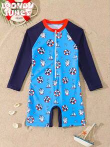 LOONEY TUNES X SHEIN GraphicGems Young BoyLong Sleeve Parrot Print One-Piece Swimsuit, Summer - Multicolor - View 1