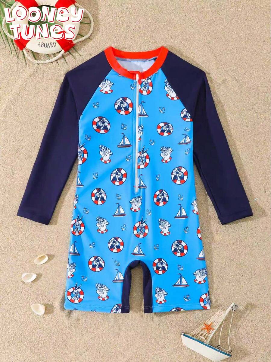 LOONEY TUNES X SHEIN GraphicGems Young BoyLong Sleeve Parrot Print One-Piece Swimsuit, Summer - Multicolor - View 1