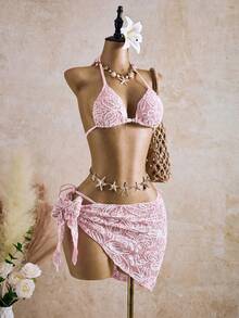 Bellisia Green Base White Striped Floral Special Fabric Backless Strap Women 3 PiecesSwimsuit, Spring/Summer - Pink - View 3