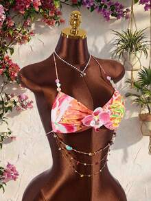 Amplova Boho Floral Halter Top For Women, Summer Holiday Vacation Spaghetti Strap 3D Backless Amber Stone Charming Beach Party - Multicolor - View 8