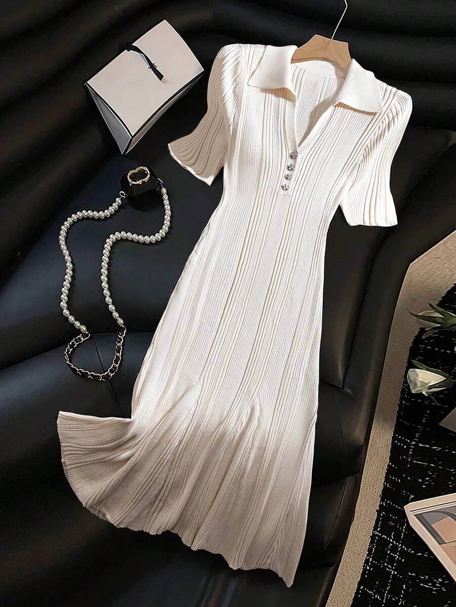Plus Size Elegant Fitted Button Collar Short Sleeve Sweater Dress - Apricot - View 1