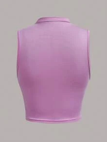 SHEIN EZwear 薰衣草色高领侧边褶皱白色夏季背心 - 紫丁香色 - 查看 2