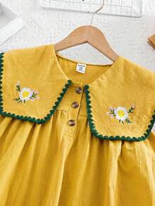 SHEIN Girls' Floral Embroidered Dress,White Summer Fairy Party Peter Pan Collar,Pastoral Ruffle Trim Contrast Color Puff Sleeve Round Neck Versatile Dress - Yellow - View 7